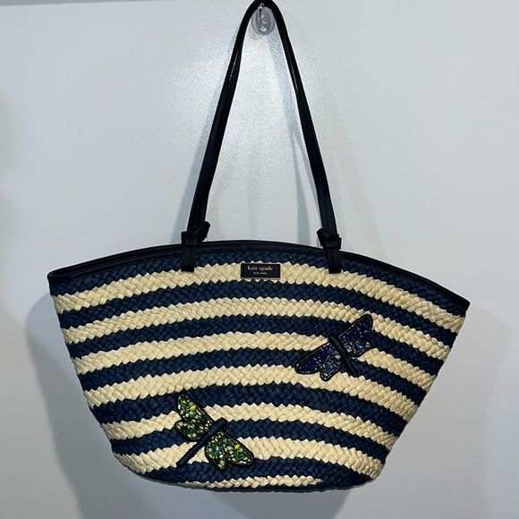 NWT! $378 kate spade Shore Thing Dragonfly Embellished Striped Straw Large Tote - Picture 12 of 17